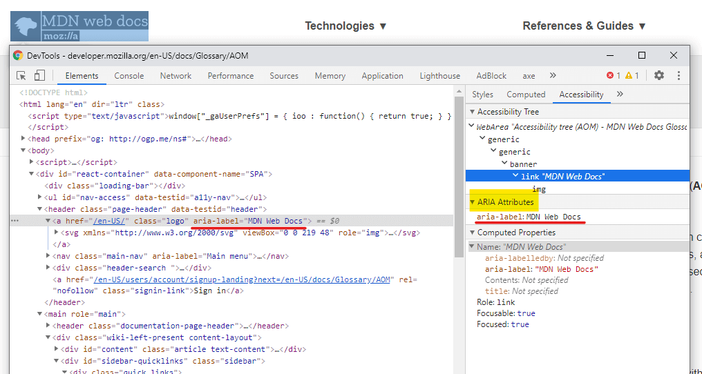 Showing Chrome developer tools's accessibility panel.